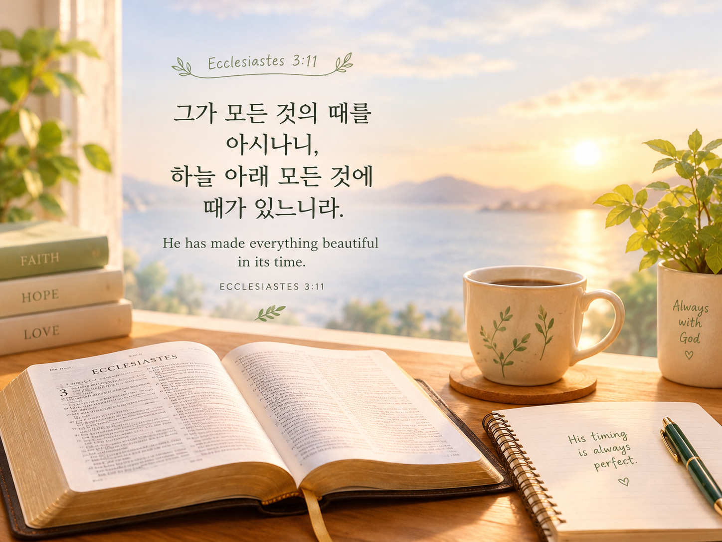 전도서 3장 11절 영어와 한글 성경 구절, 따뜻한 햇살이 비치는 창가의 펼쳐진 성경과 노트