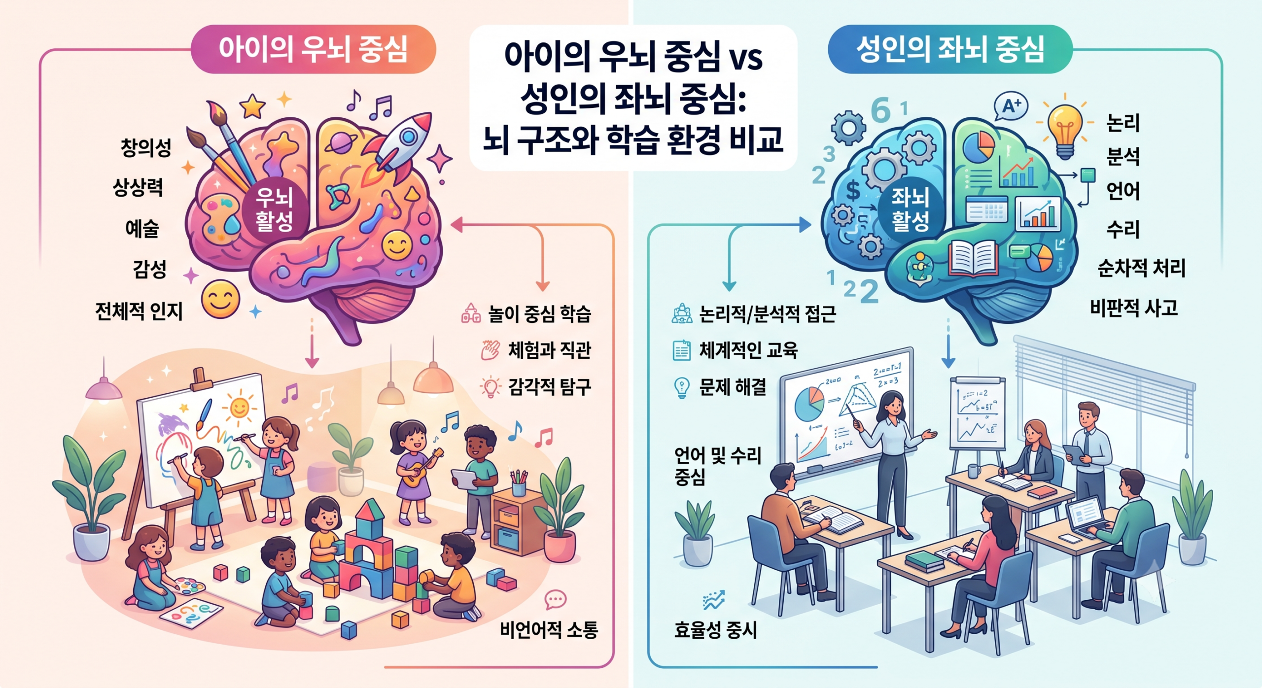 성인 영어 공부법 아이 뇌와 성인 뇌 비교 일러스트