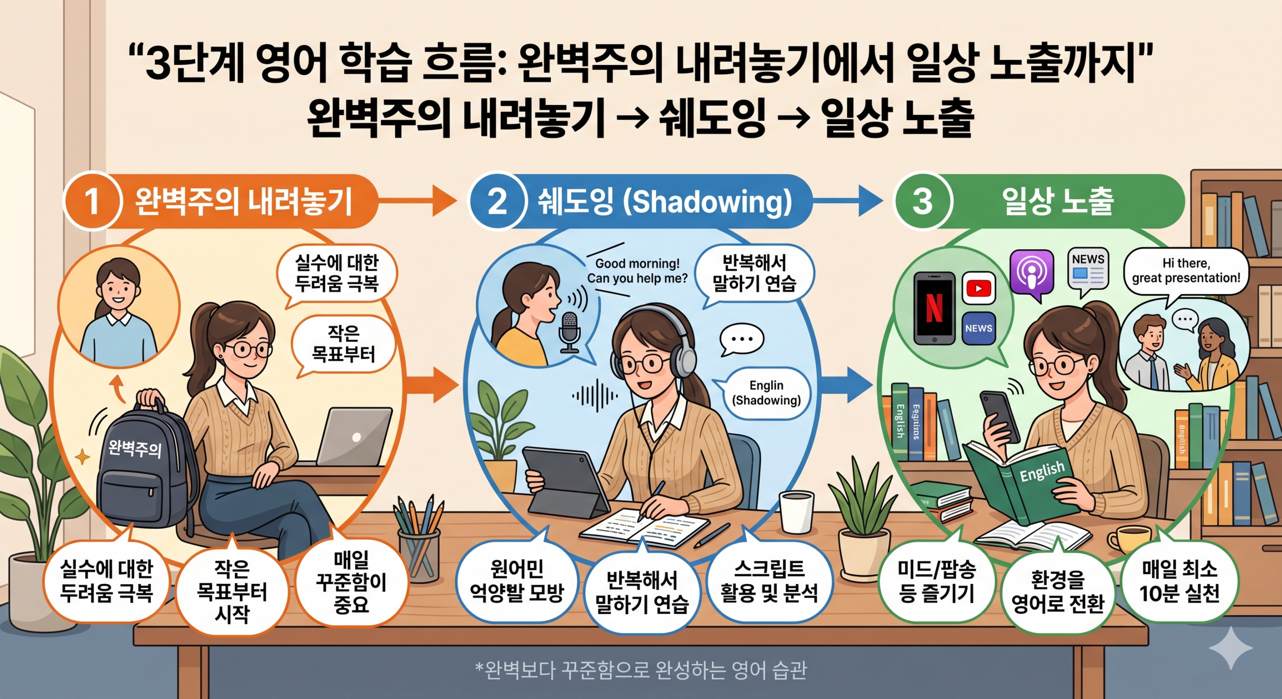 성인 영어 공부법 3단계 루틴 인포그래픽