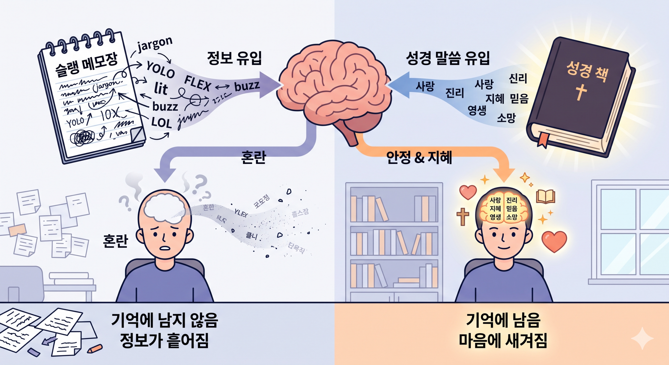 고린도전서 13장 영어 공부 원어민 표현 실패 이유 일러스트