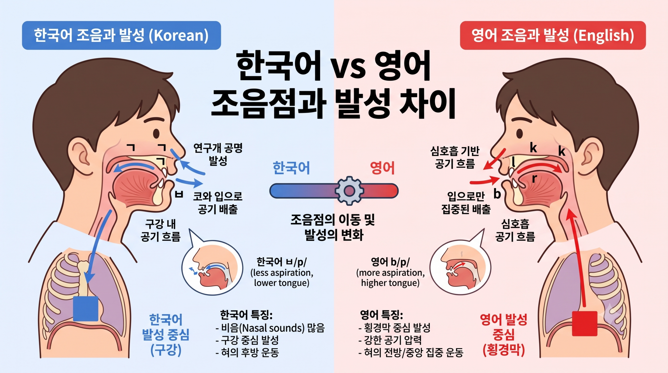 한국어와 영어 조음점 차이를 보여주는 발음 일러스트