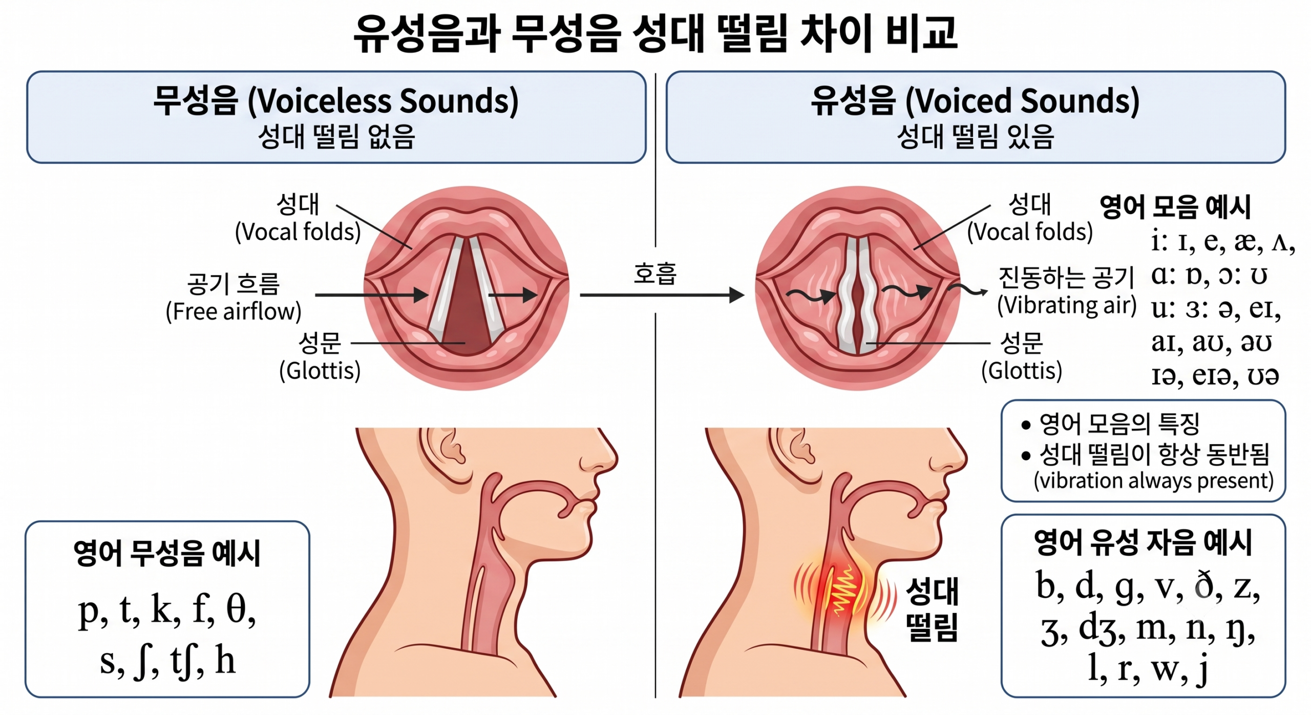 유성음과 무성음 성대 떨림 차이 비교 이미지