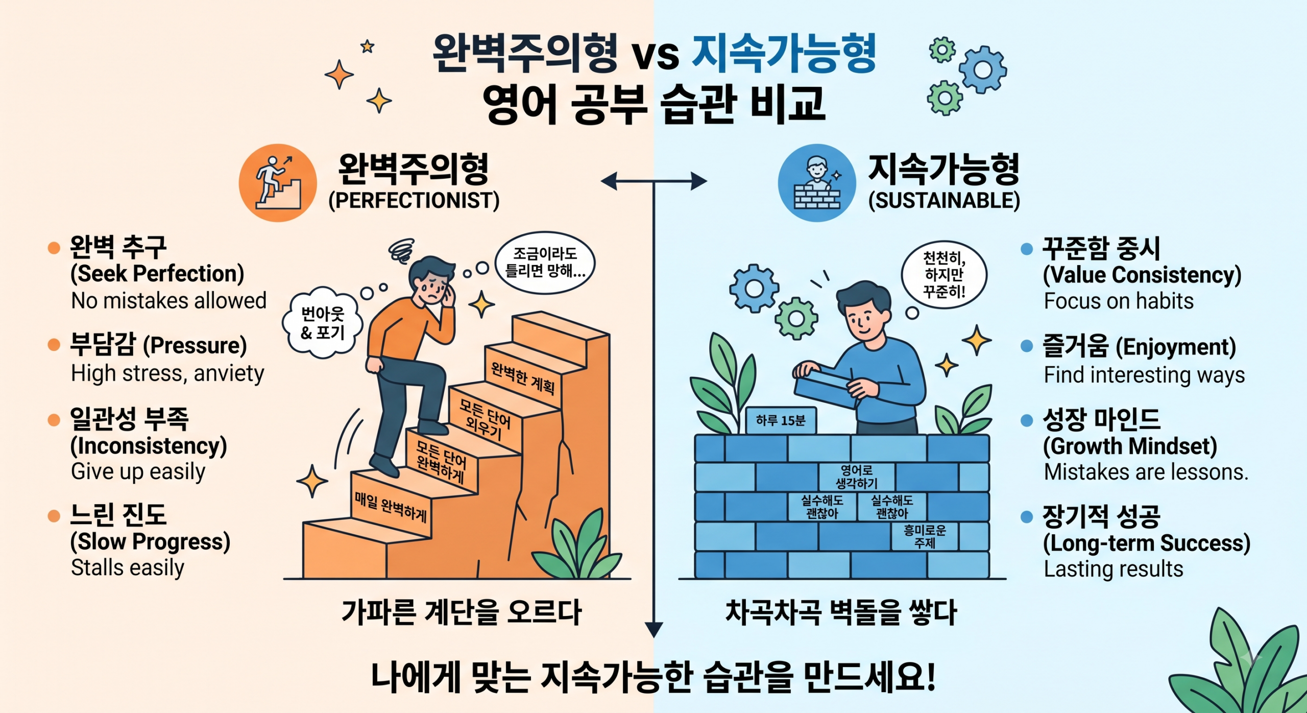 완벽주의형과 지속가능형 영어 공부 습관 비교 이미지