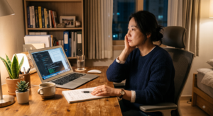 성인 영어 정체기로 일요일 밤 고민하는 직장인 일러스트