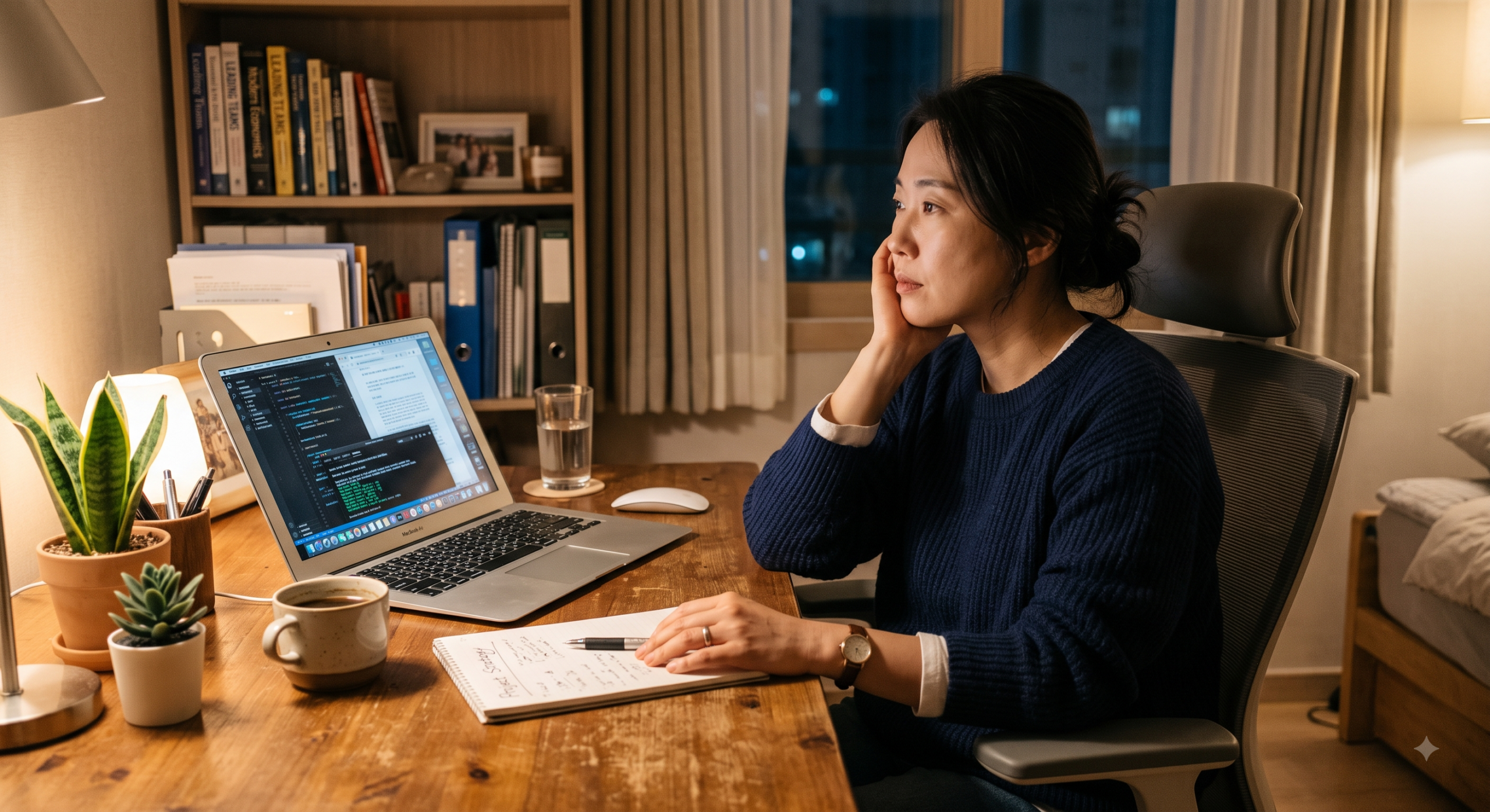 성인 영어 정체기로 일요일 밤 고민하는 직장인 일러스트