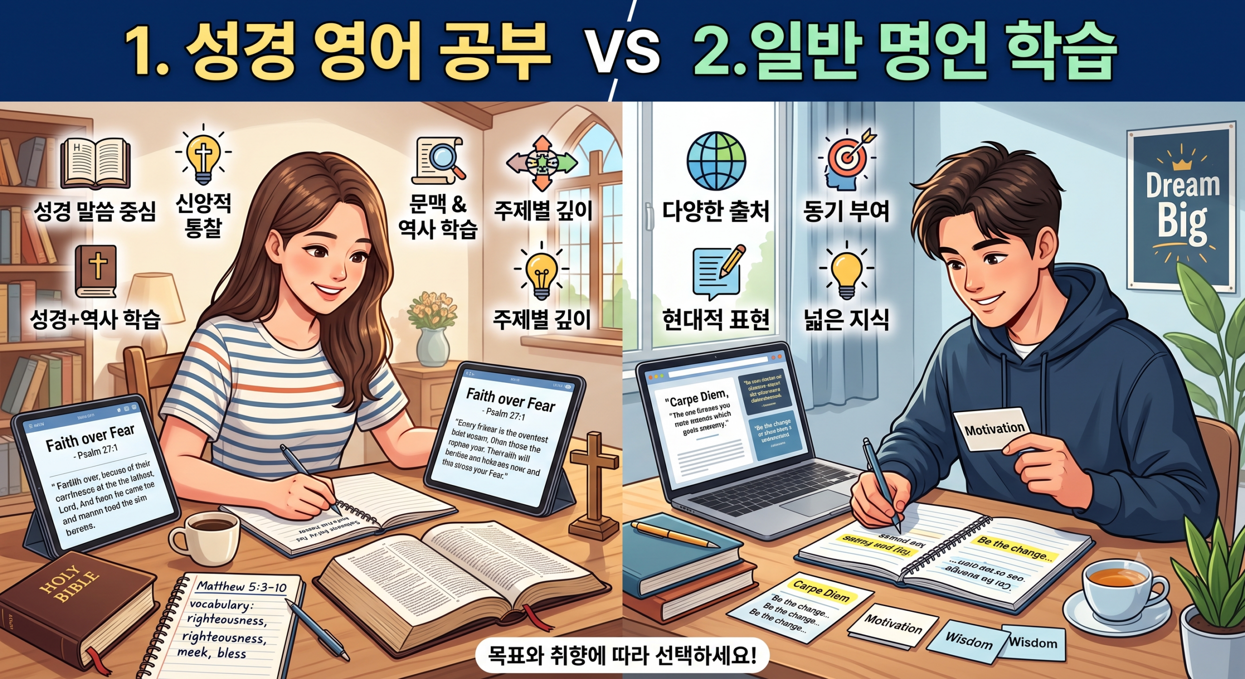 성경 영어 공부와 일반 명언 학습 비교 이미지