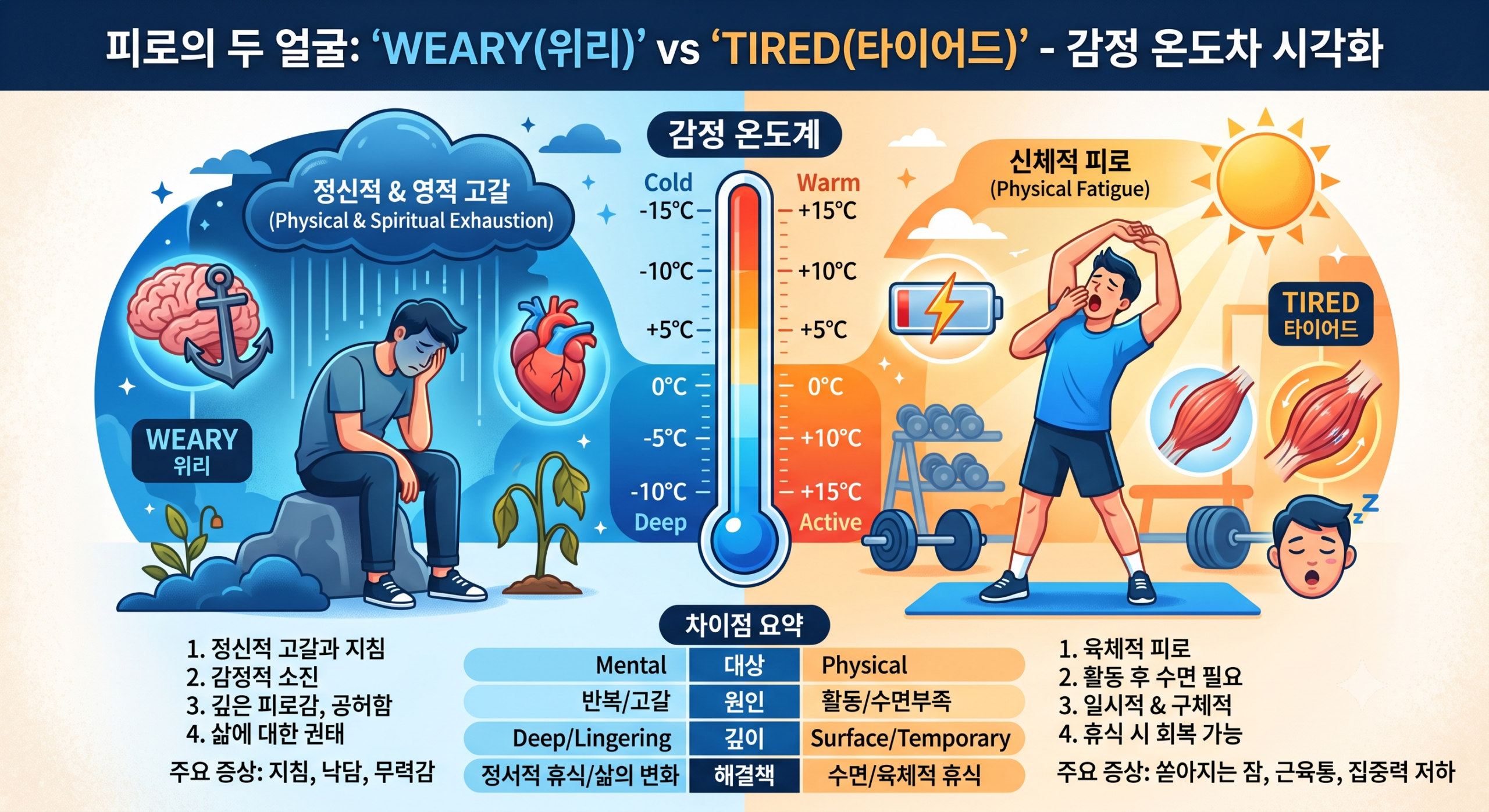 weary와 tired의 뉘앙스 차이를 보여주는 성경 영어 표현 비교 이미지