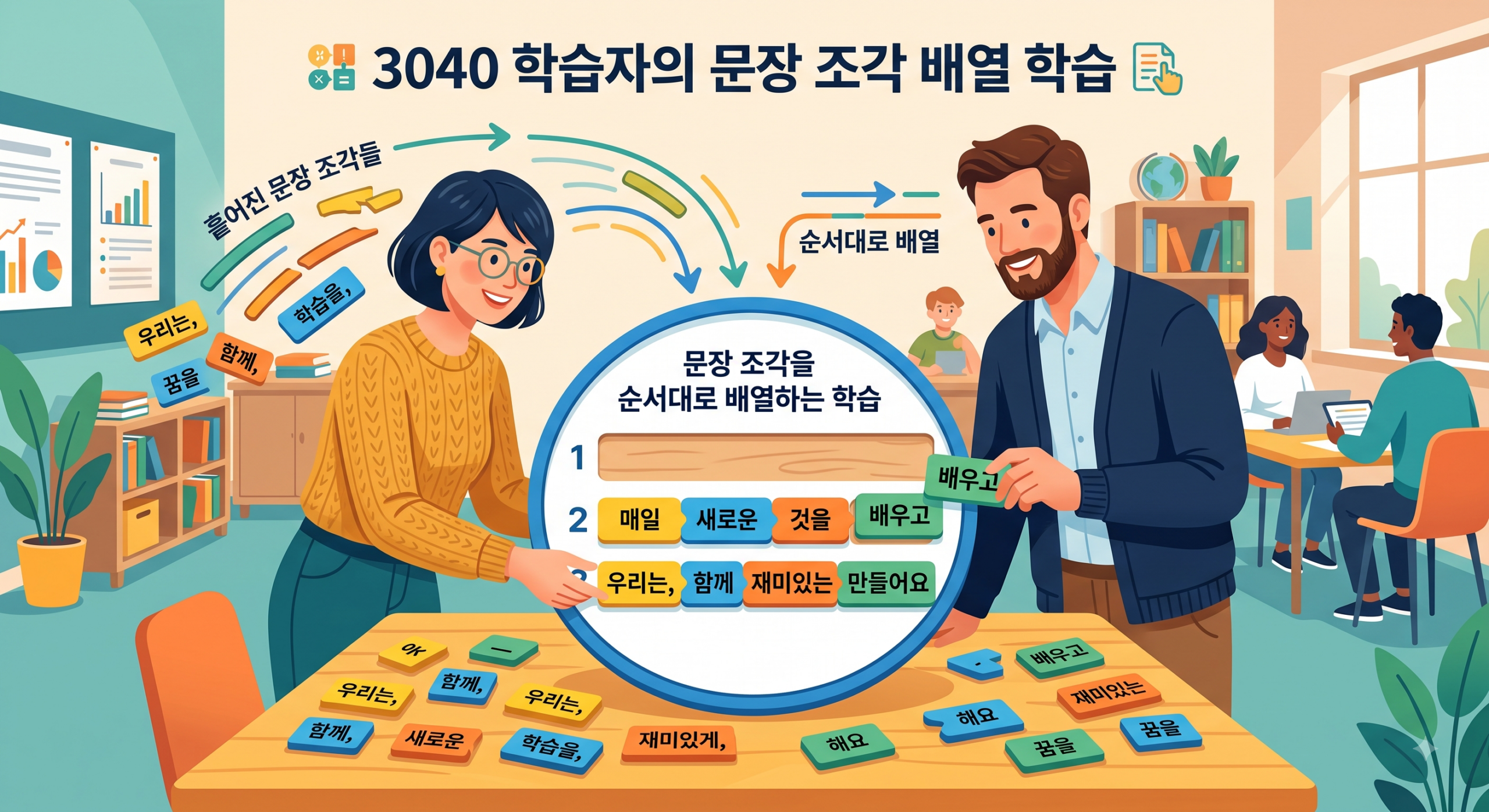 성경 영어 어순 지도로 문장을 구성하는 3040 학습자 일러스트