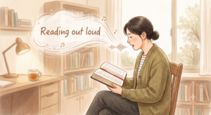 성경 낭독 리스닝 입 근육 훈련하는 3040 직장인 일러스트