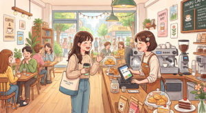 카페 영어 표현으로 커피를 주문하는 여성 일러스트
