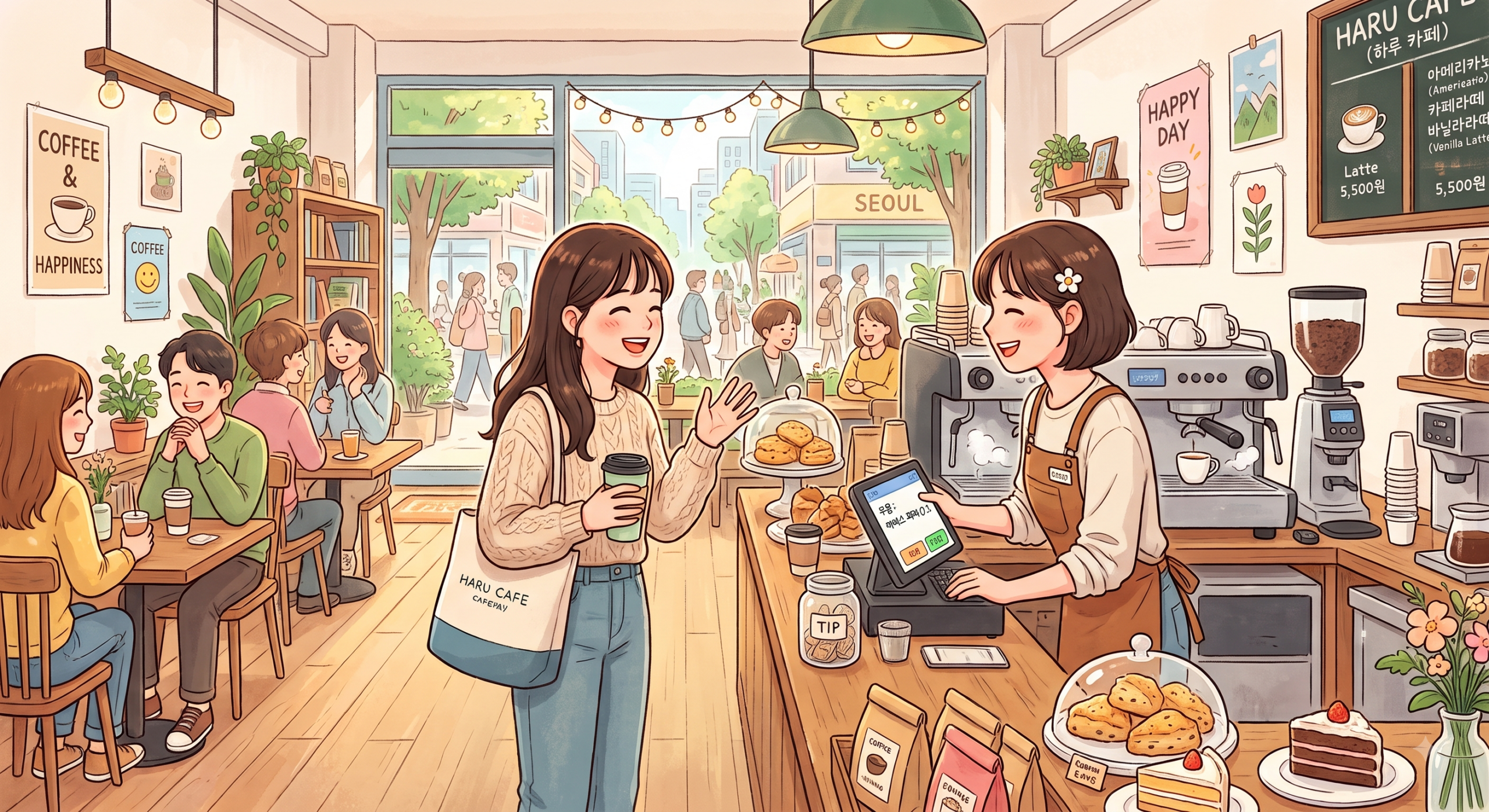 카페 영어 표현으로 커피를 주문하는 여성 일러스트