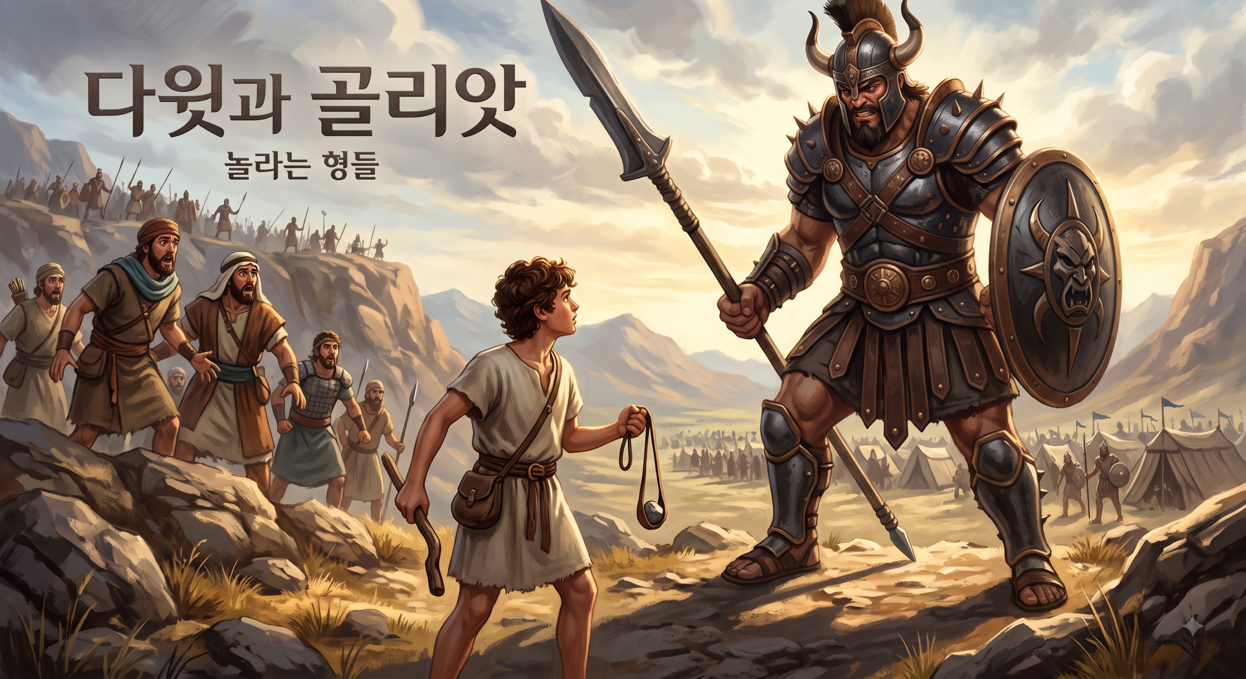 골리앗 앞에 선 다윗과 놀라는 형들을 표현한 일러스트 