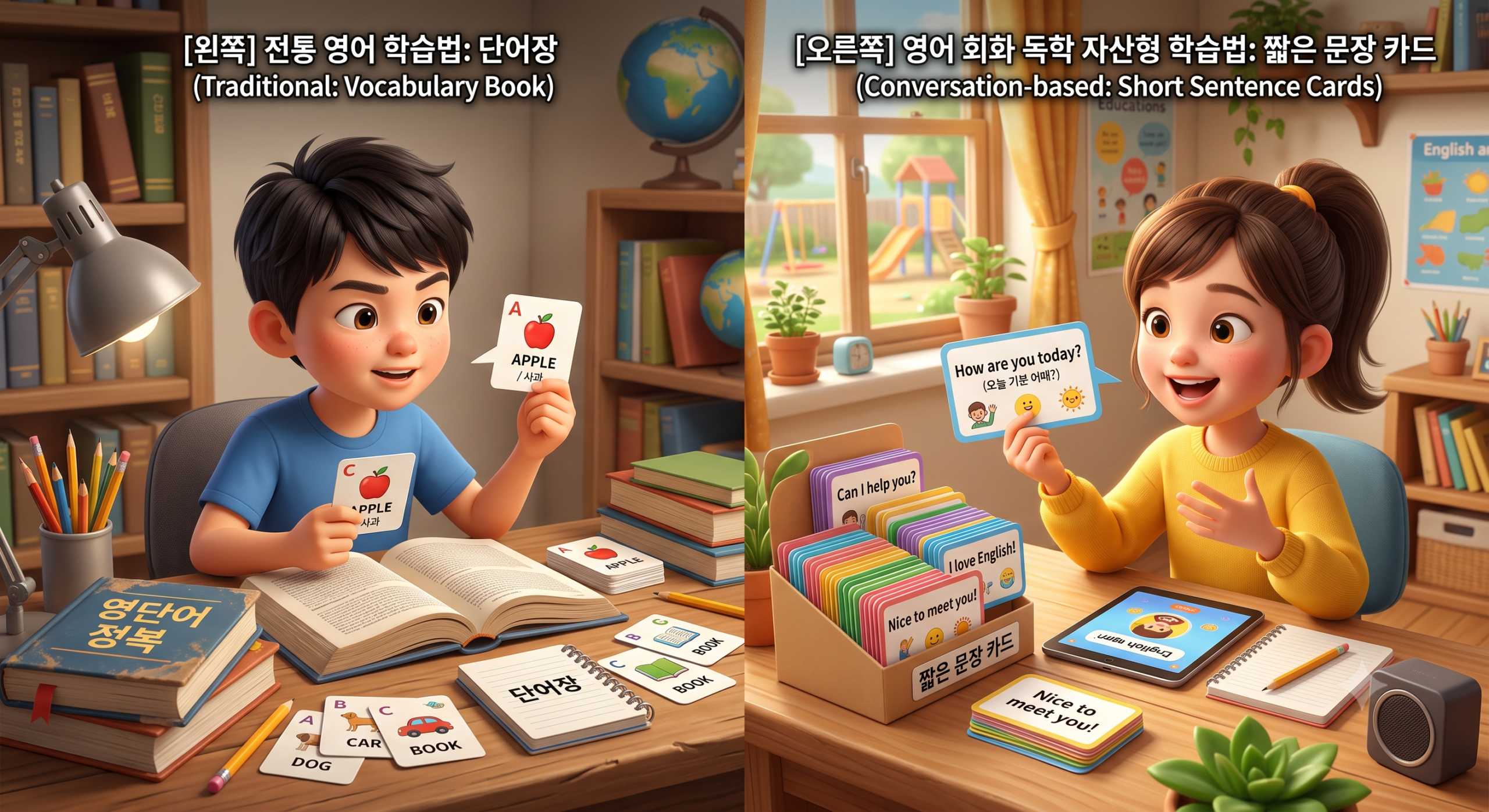전통 영어 학습법과 영어 회화 독학 자산형 학습법 비교 이미지