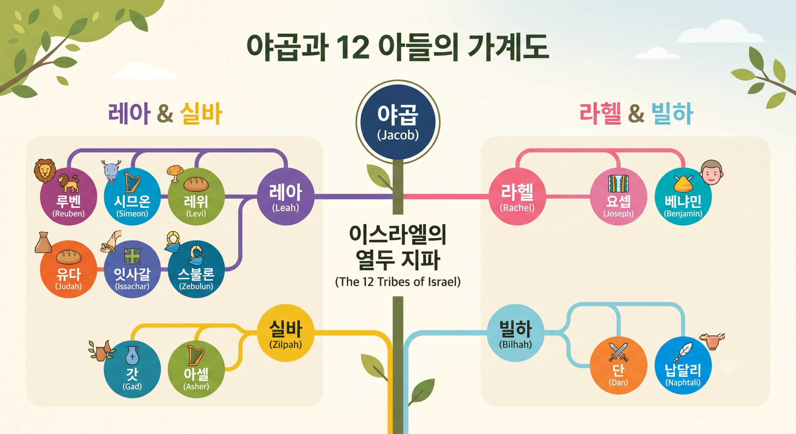 야곱의 12 아들 이름 뜻을 나타낸 가계도 일러스트