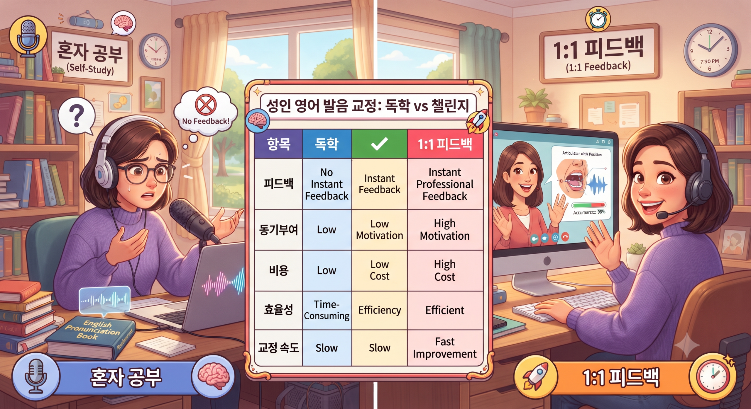 성인 영어 발음 교정 독학과 챌린지 비교표