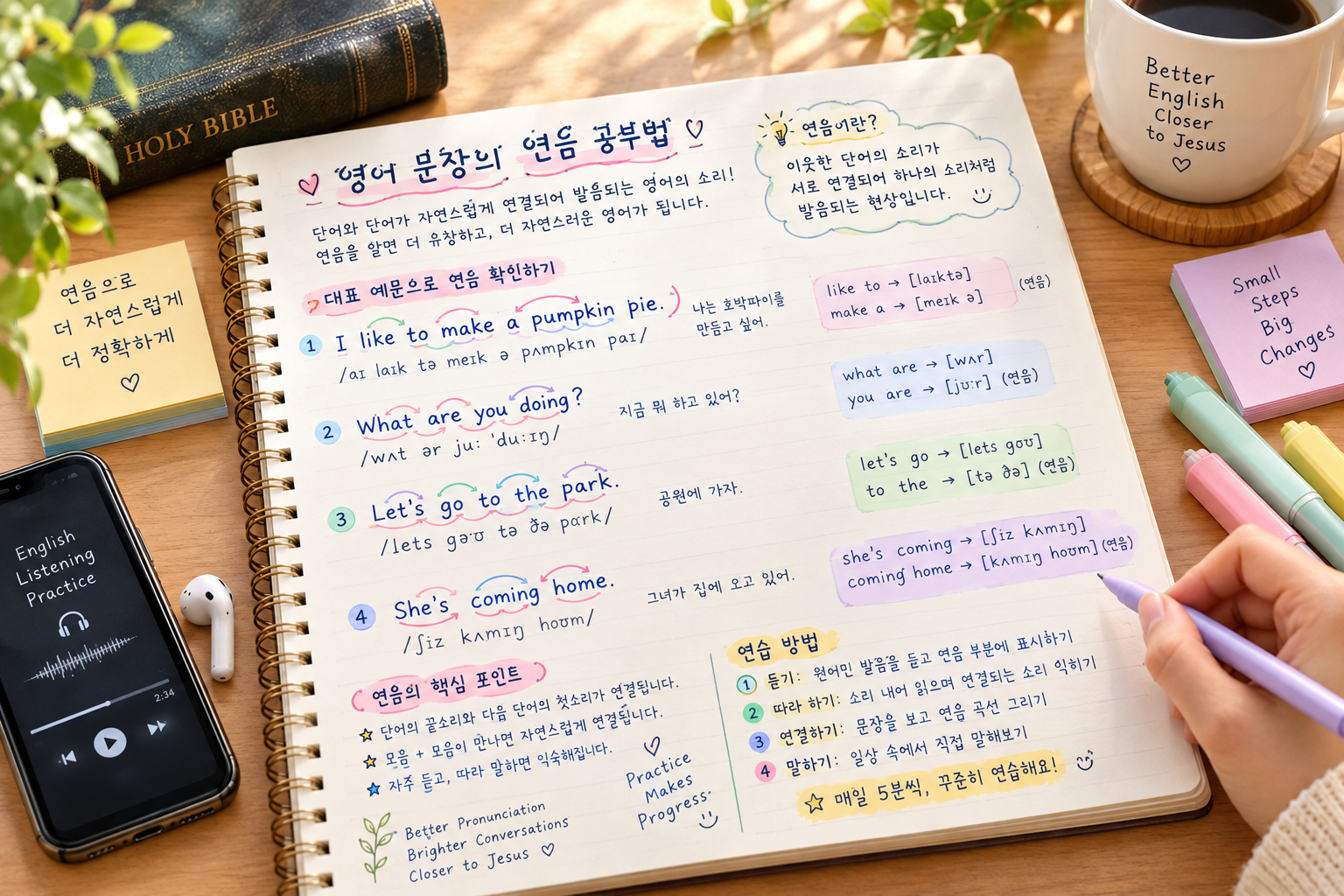 영어 문장에서 연결되는 소리를 곡선으로 표시하며 영어 연음 공부법을 연습하는 모습