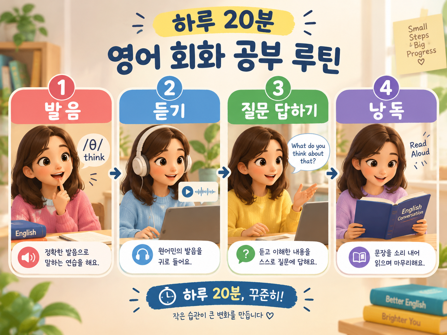 하루 20분 영어 회화 공부법 4단계 루틴 도식