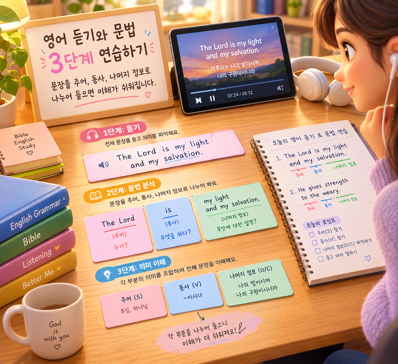 영어 듣기와 문법 3단계를 연습하기 위해 문장 카드를 나누어 놓은 책상