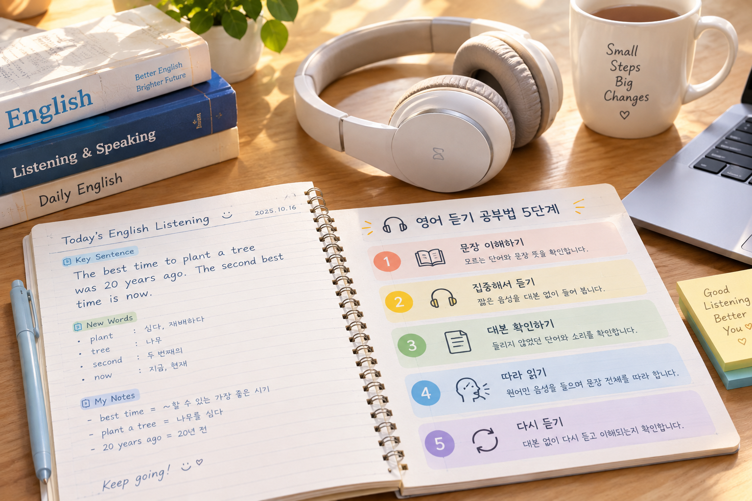 영어 듣기 공부법 5단계를 연습하는 노트와 헤드폰이 놓인 책상