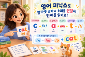 영어 파닉스로 알파벳 글자와 소리를 연결해 단어를 읽는 학습 이미지