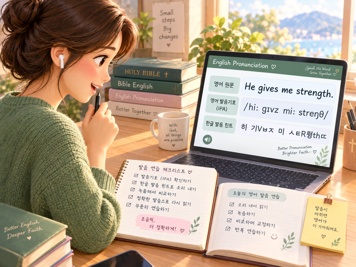한글 발음 표기와 영어 원문을 비교하며 영어 발음 공부법을 고민하는 학습자