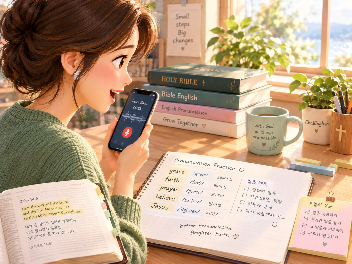 스마트폰으로 영어 발음을 녹음하며 영어 발음 공부법을 연습하는 모습