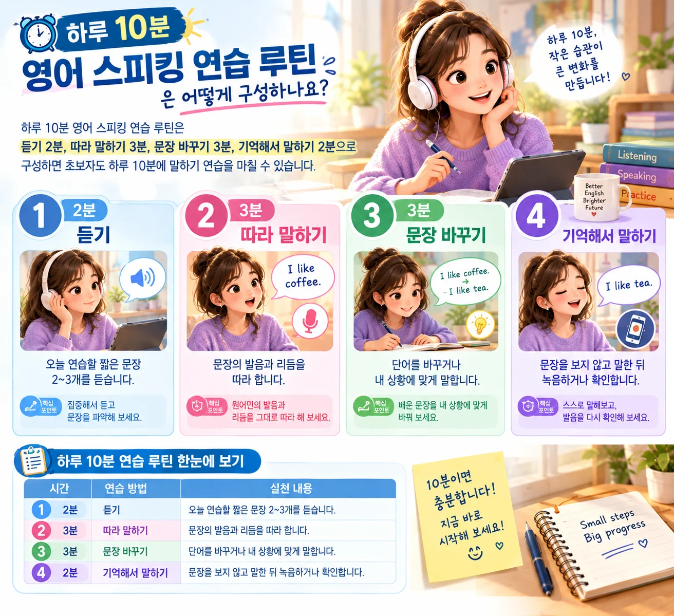 영어 스피킹 공부법 – 하루 10분 연습 루틴 4단계 구성