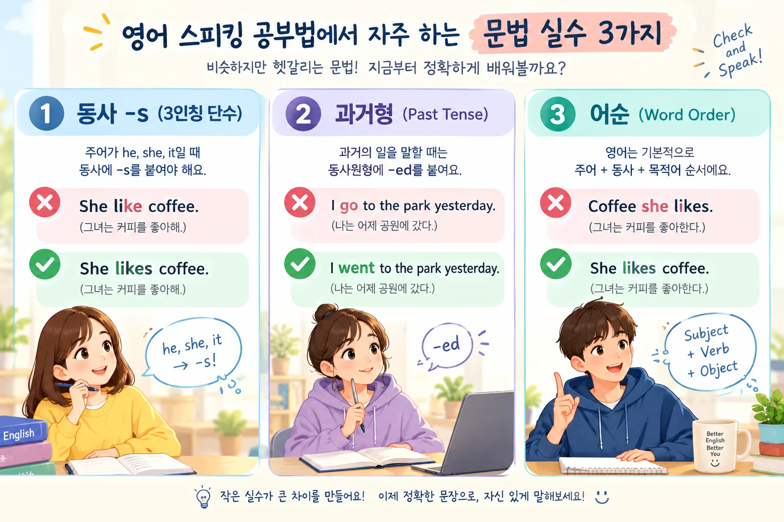 영어 스피킹 공부법에서 자주 하는 문법 실수 3가지와 올바른 문장 비교