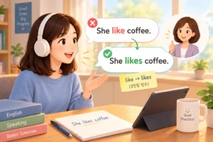 영어 스피킹 공부법: 문법 실수를 고쳐 다시 말하는 연습 장면