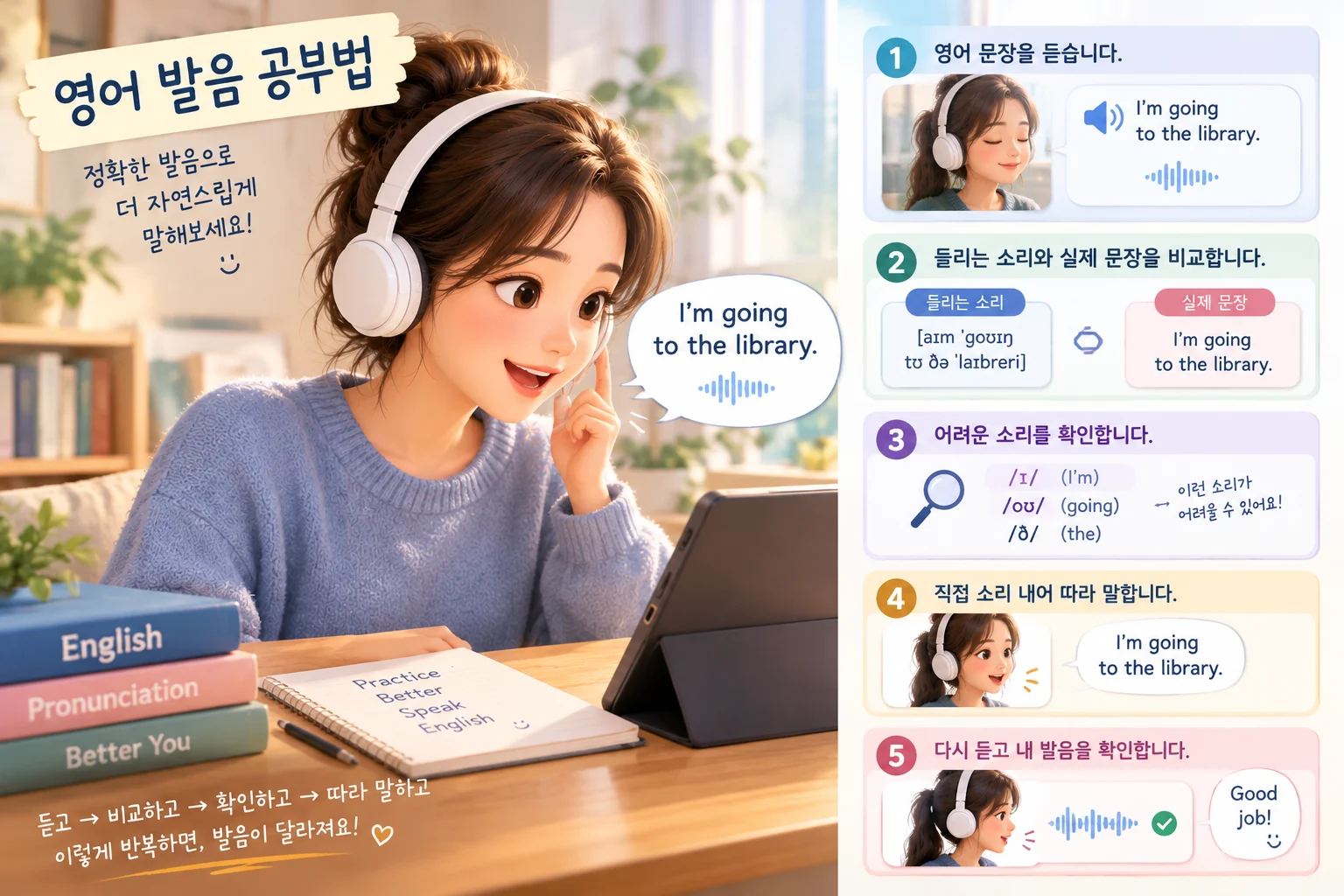 영어 발음 공부법으로 음성을 듣고 따라 말하는 학습자