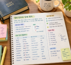 영어 단어의 강세 위치를 표시하며 영어 강세 공부법을 연습하는 노트