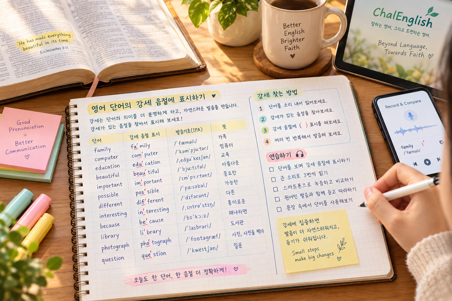 영어 단어의 강세 음절에 표시를 하며 영어 강세 공부법을 연습하는 모습