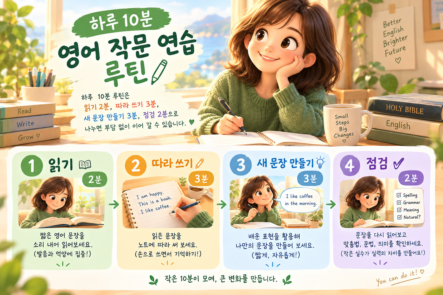 하루 10분 영어 작문 연습 루틴: 읽기, 따라 쓰기, 새 문장 만들기, 점검 순서