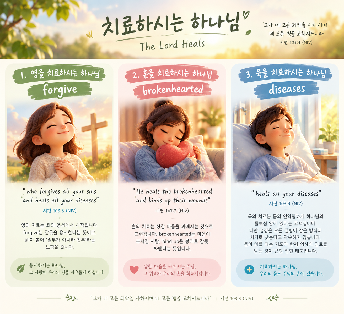 치료하시는 하나님이 영 forgive, 혼 brokenhearted, 육 diseases를 회복시키는 성경 구절 도식
