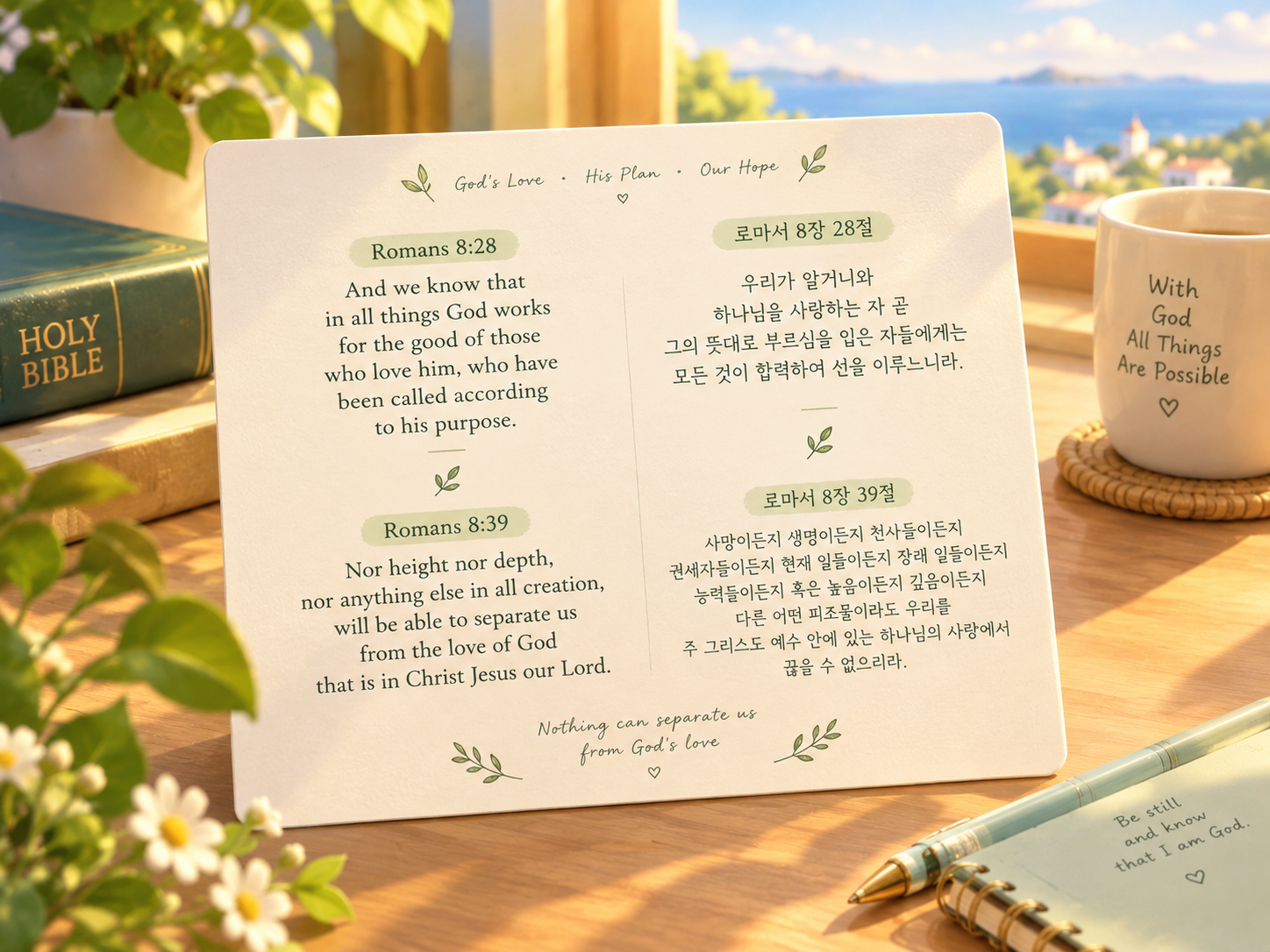 좋은 성경 구절 로마서 8장 28절과 39절을 영어와 한국어로 나란히 적은 말씀 카드